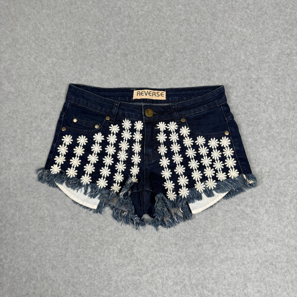 REVERSE Denim Shorts Daisy Embroidery Frayed Raw Hem Blue Juniors Size M Y2K